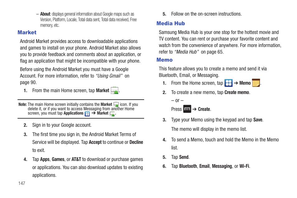 Market, Media hub, Memo | Market media hub memo | Samsung SGH-I927ZKAATT User Manual | Page 152 / 197