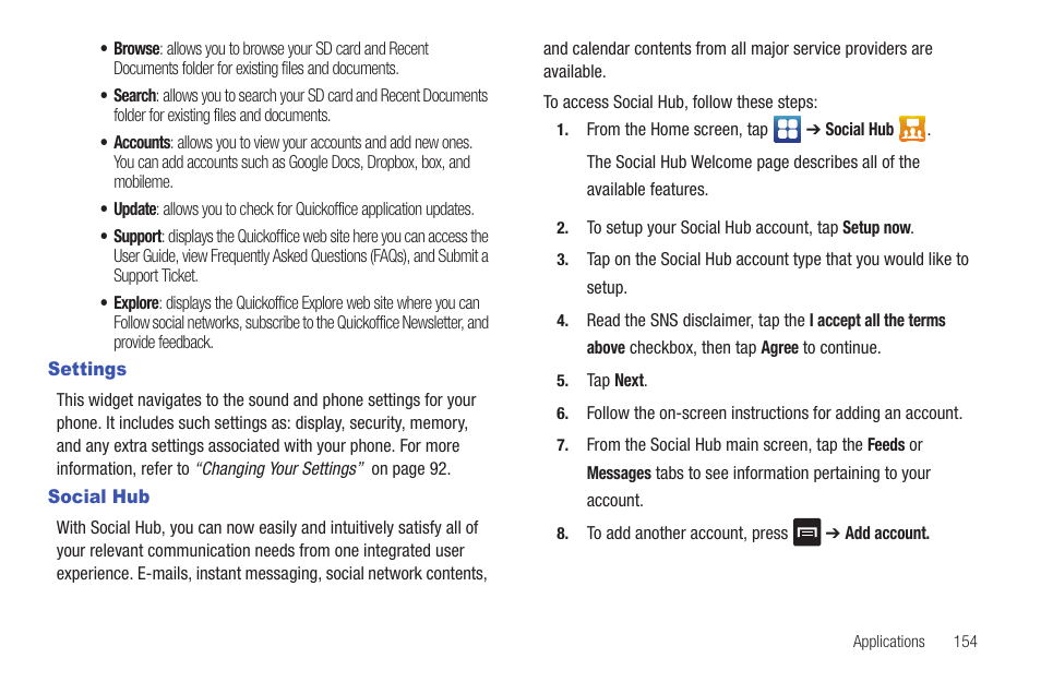 Settings, Social hub, Settings social hub | Samsung SGH-I927ZKAATT User Manual | Page 159 / 197