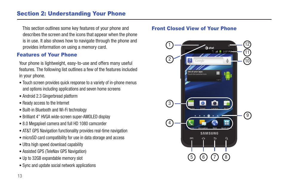 Section 2: understanding your phone, Features of your phone, Front closed view of your phone | Samsung SGH-I927ZKAATT User Manual | Page 18 / 197