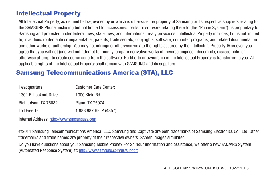 Intellectual property, Samsung telecommunications america (sta), llc | Samsung SGH-I927ZKAATT User Manual | Page 2 / 197