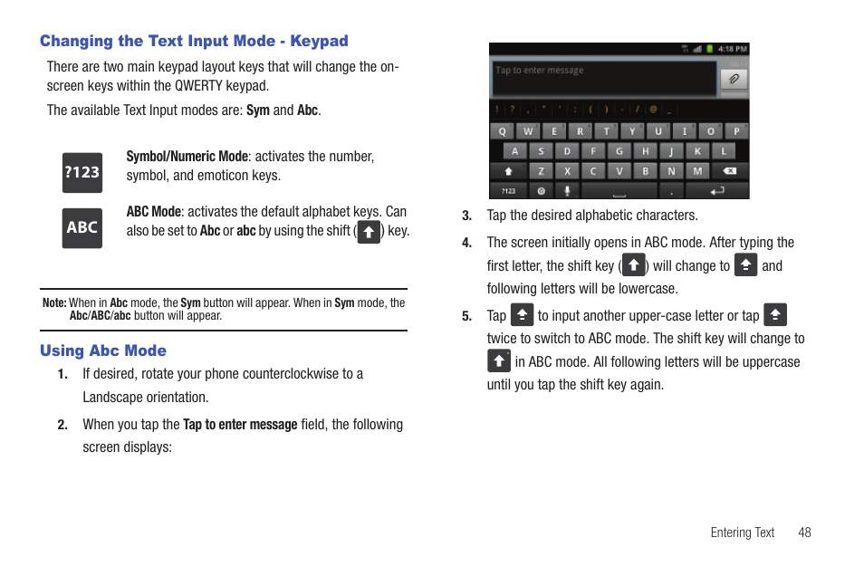 Changing the text input mode - keypad, Using abc mode | Samsung SGH-I927ZKAATT User Manual | Page 53 / 197