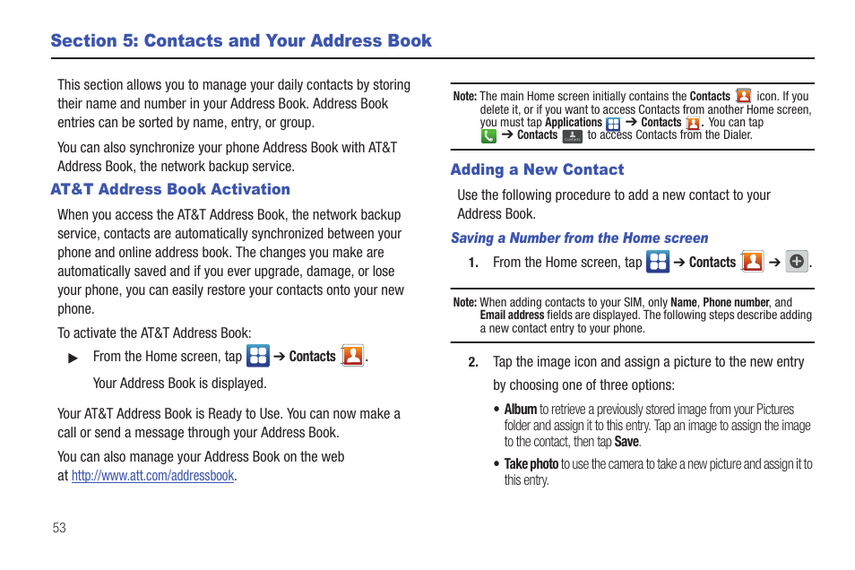 Section 5: contacts and your address book, At&t address book activation, Adding a new contact | At&t address book activation adding a new contact | Samsung SGH-I927ZKAATT User Manual | Page 58 / 197