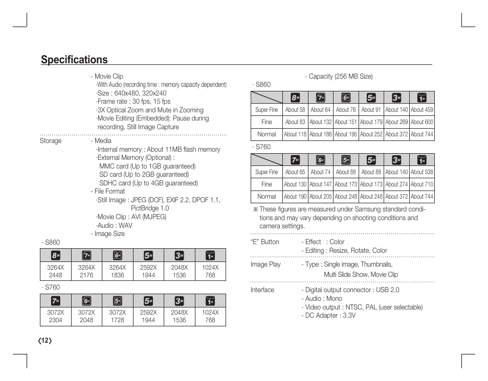 Specifi cations | Samsung EC-S860ZPBA-US User Manual | Page 13 / 50