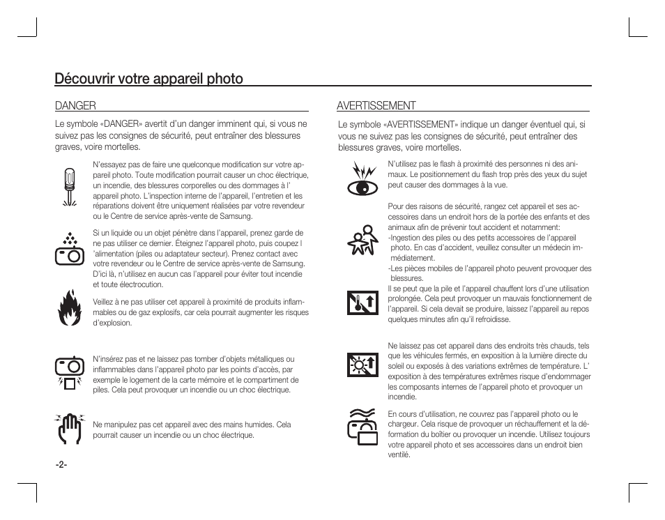 Découvrir votre appareil photo, Danger, Avertissement | Samsung EC-S860ZPBA-US User Manual | Page 19 / 50