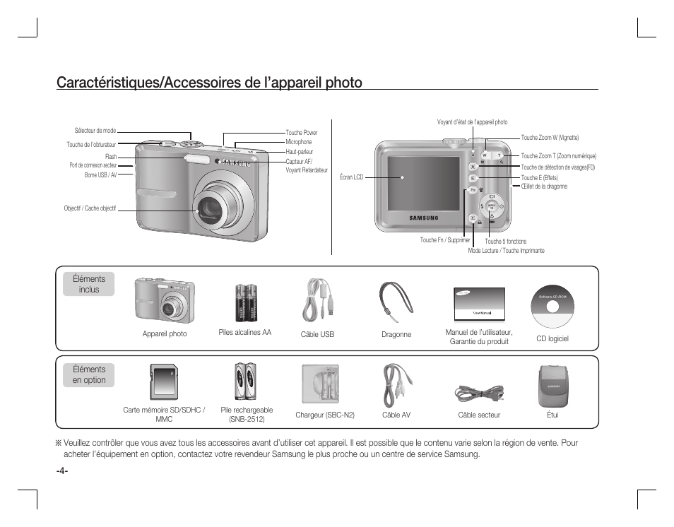 Caractéristiques/accessoires de l’appareil photo | Samsung EC-S860ZPBA-US User Manual | Page 21 / 50