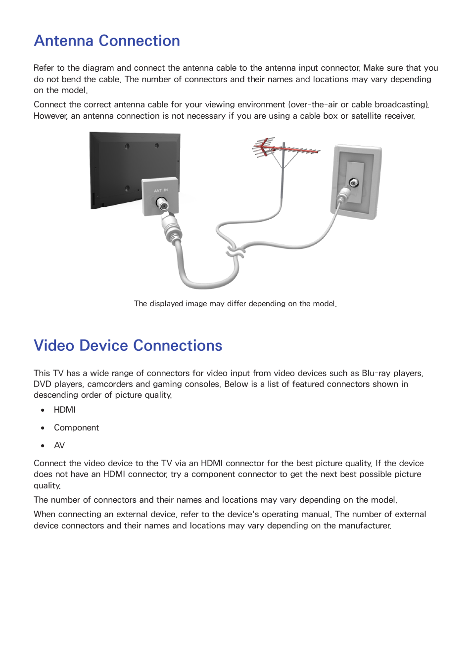 Getting started, Antenna connection, Video device connections | Samsung UN60F6350AFXZA User Manual | Page 10 / 170