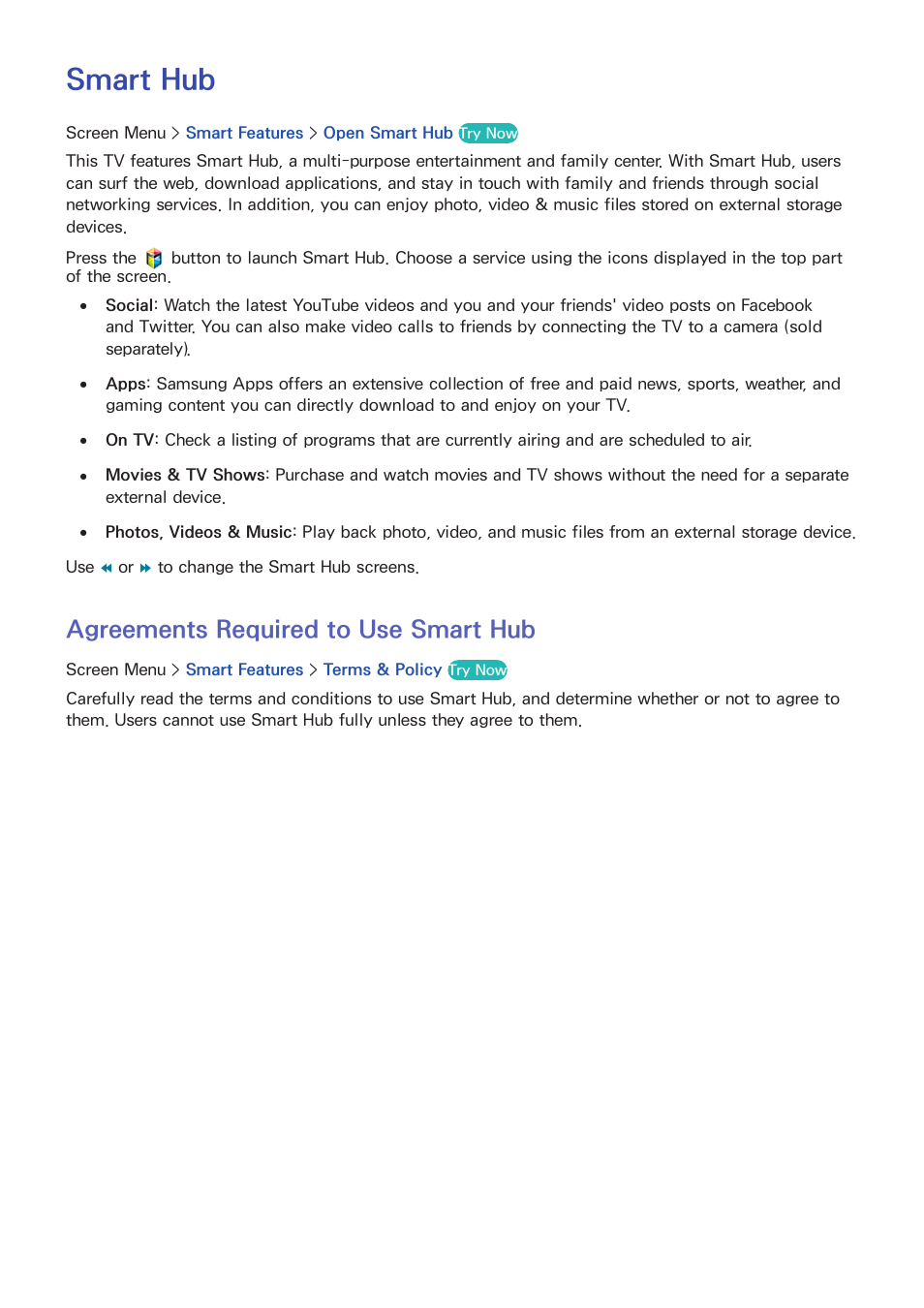 Smart tv features, 98 agreements required to use smart hub, O "smart hub" fo | Smart hub, Agreements required to use smart hub | Samsung UN60F6350AFXZA User Manual | Page 105 / 170