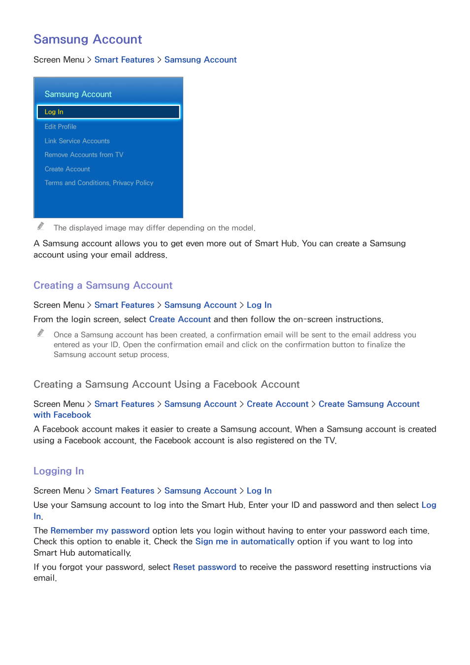 99 samsung a, Creating a samsung account, Logging in | Samsung account | Samsung UN60F6350AFXZA User Manual | Page 106 / 170