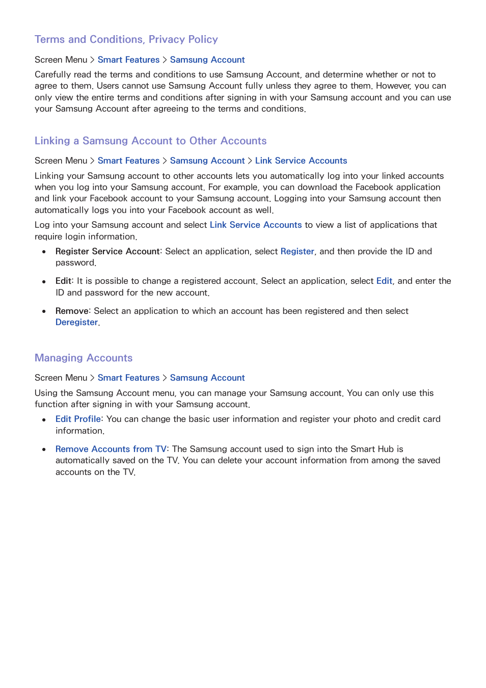 100 terms and conditions, privacy policy, 100 linking a samsung account to other accounts, 100 managing accounts | Samsung UN60F6350AFXZA User Manual | Page 107 / 170