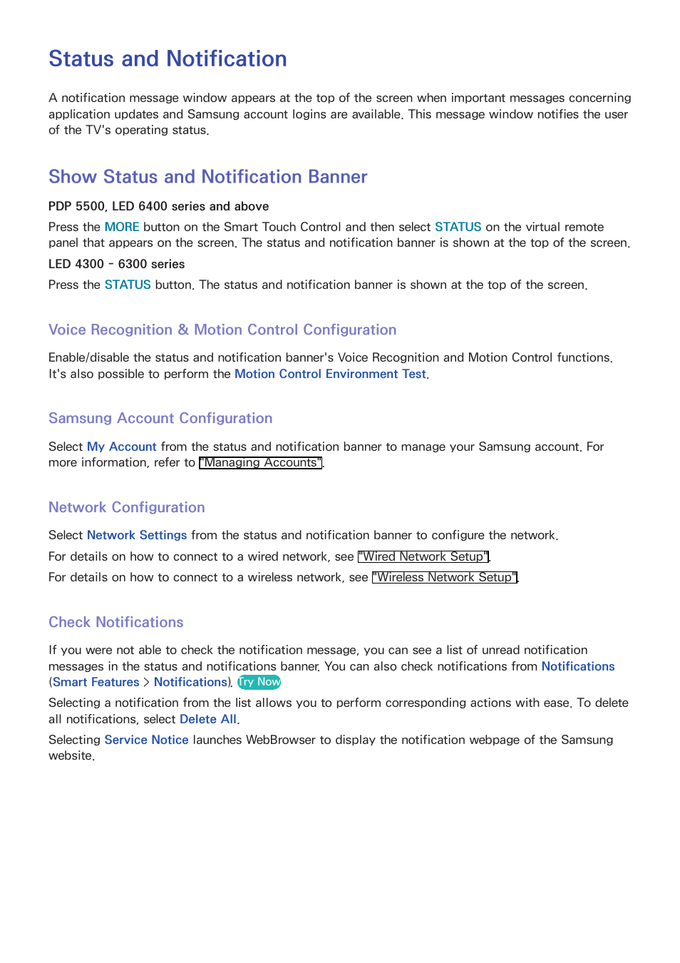 Status and no, 102 show status and notification banner, 102 samsung account configuration | 102 network configuration, 102 check notifications, E "status and notification" fo, Status and notification, Show status and notification banner | Samsung UN60F6350AFXZA User Manual | Page 109 / 170