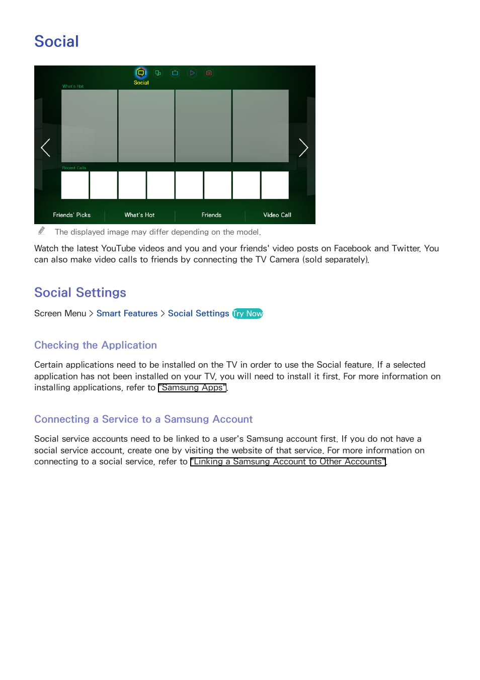 103 social s, 103 checking the application, 103 connecting a service to a samsung account | Social, Social settings | Samsung UN60F6350AFXZA User Manual | Page 110 / 170