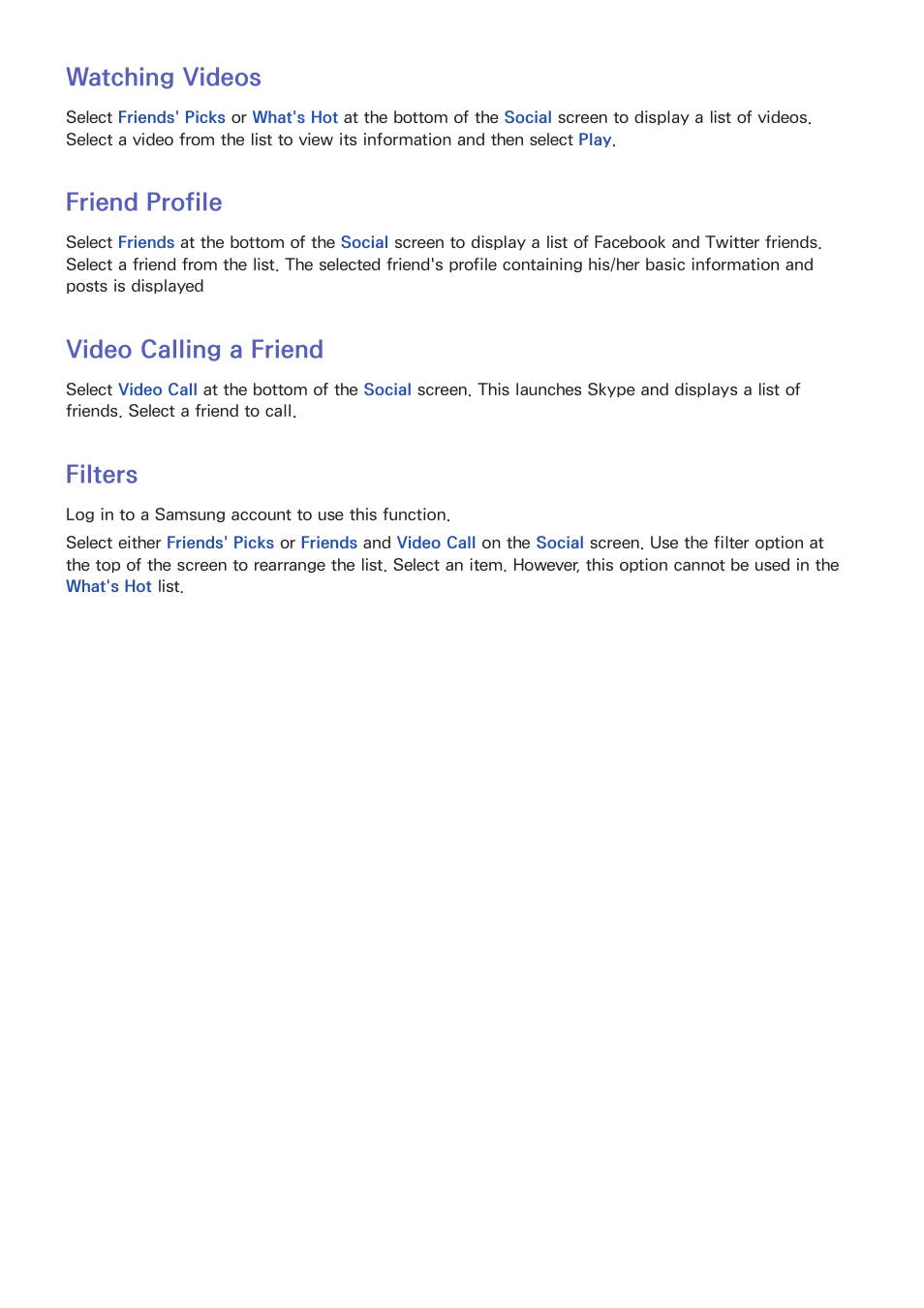 104 watching videos, 104 friend profile, 104 video calling a friend | 104 filters, Watching videos, Friend profile, Video calling a friend, Filters | Samsung UN60F6350AFXZA User Manual | Page 111 / 170