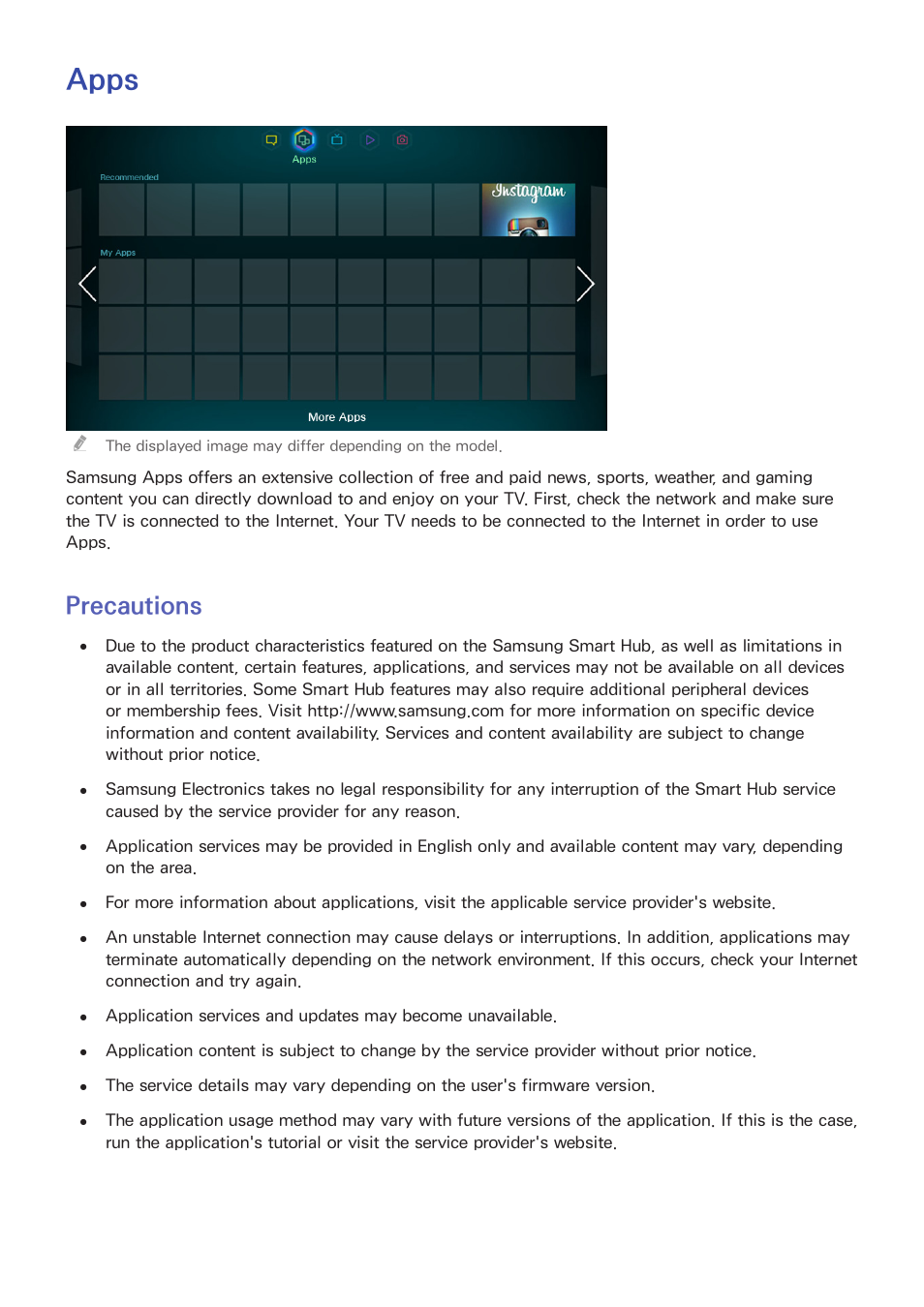 105 precautions, Apps, Precautions | Samsung UN60F6350AFXZA User Manual | Page 112 / 170