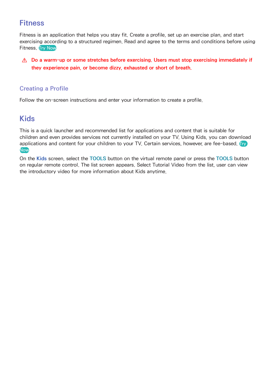 109 fitness, 109 creating a profile, 109 kids | Fitness, Kids | Samsung UN60F6350AFXZA User Manual | Page 116 / 170