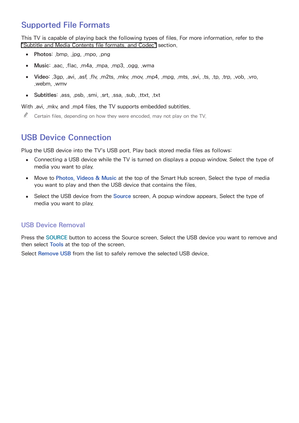 118 supported file formats, 118 usb device connection, 118 usb device removal | Supported file formats, Usb device connection | Samsung UN60F6350AFXZA User Manual | Page 125 / 170