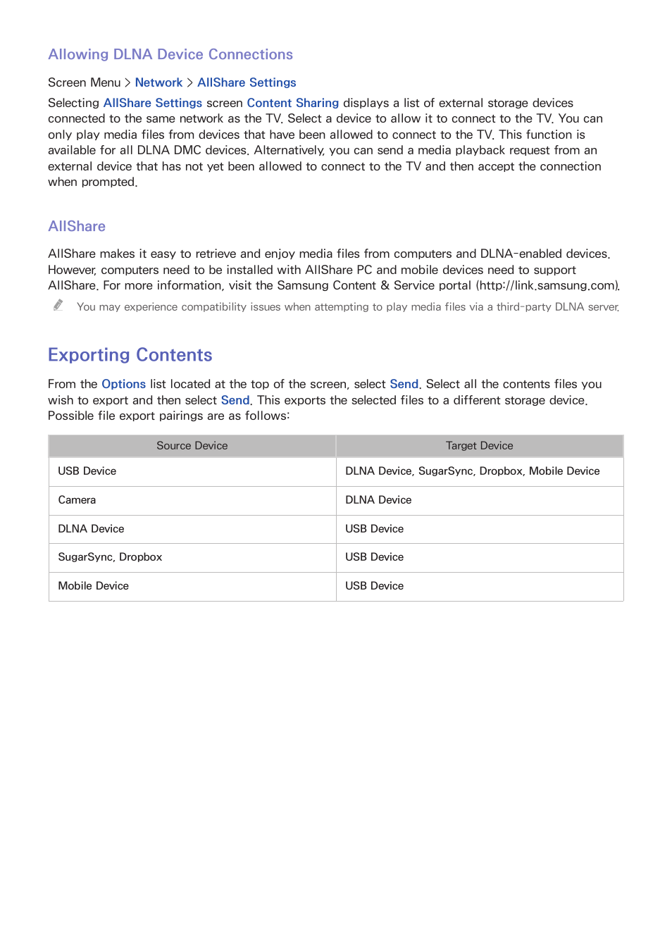 120 allowing dlna device connections, 120 exporting contents, Exporting contents | Samsung UN60F6350AFXZA User Manual | Page 127 / 170