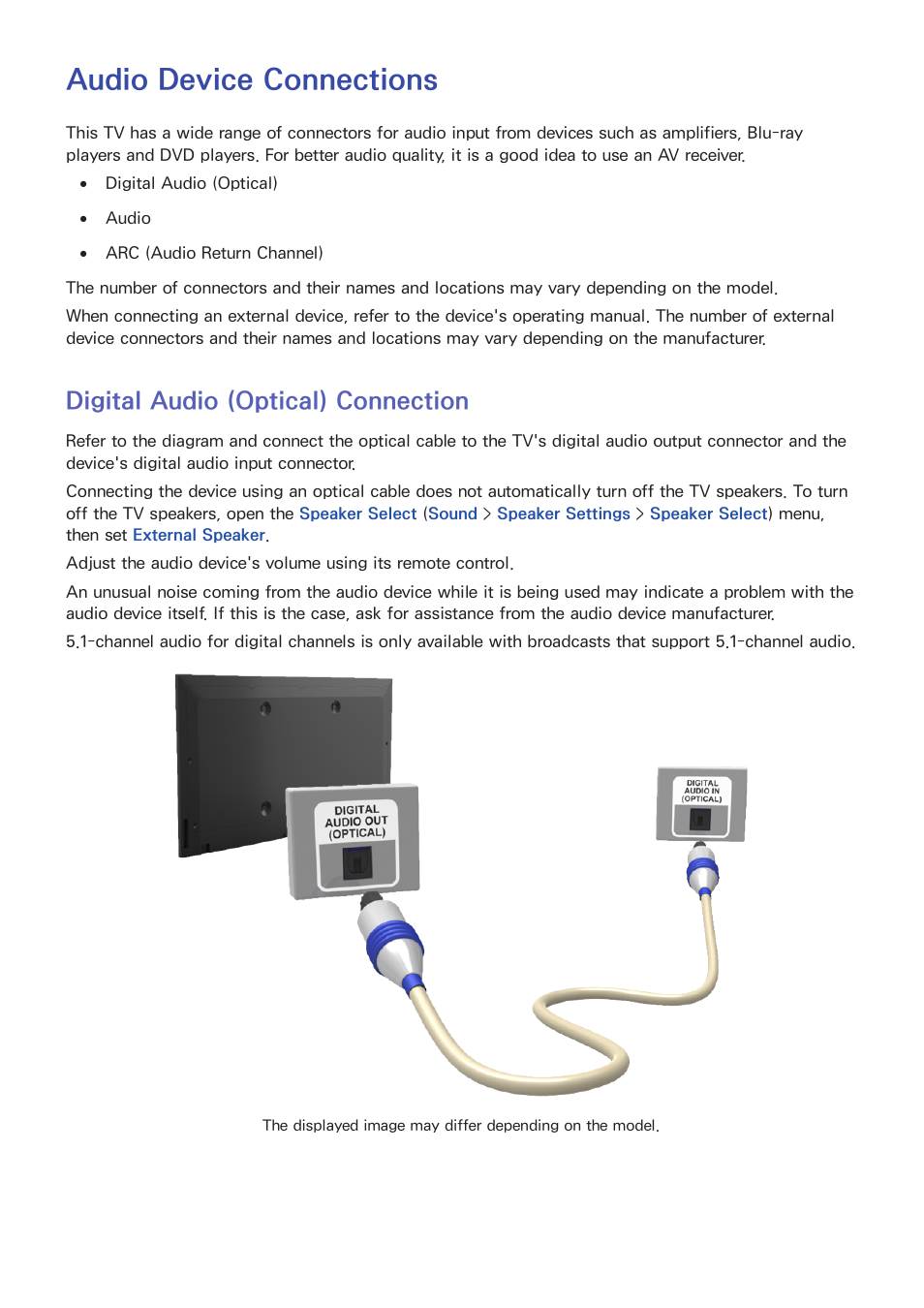 Audio device connections, Digital audio (optical) connection | Samsung UN60F6350AFXZA User Manual | Page 13 / 170