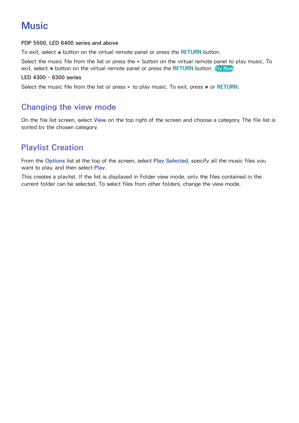 Music, 124 changing the view mode, 124 playlist creation | Changing the view mode, Playlist creation | Samsung UN60F6350AFXZA User Manual | Page 131 / 170