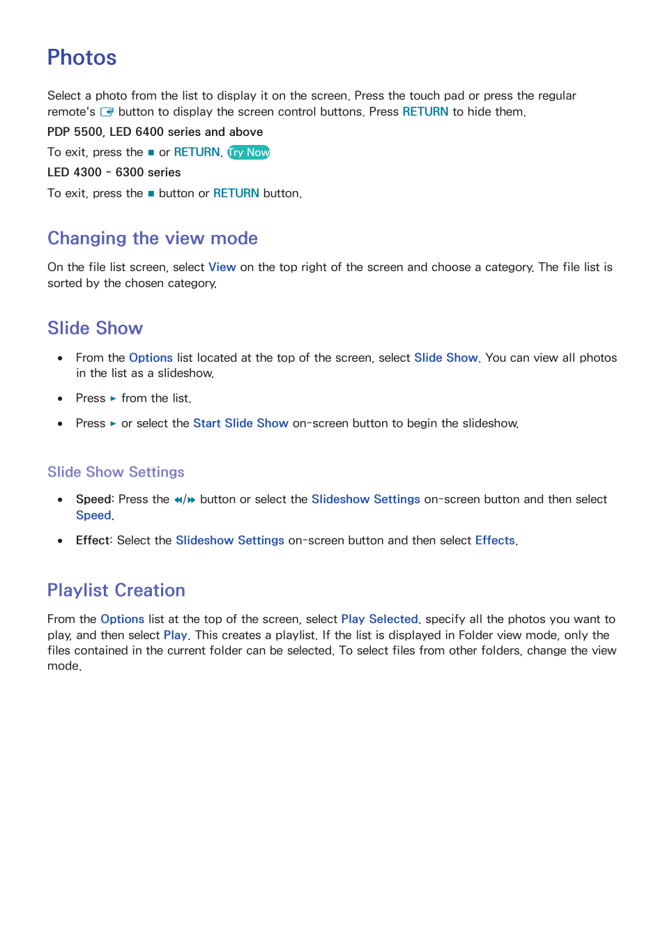 Photos, 126 changing the view mode, 126 slide show | 126 slide show settings, 126 playlist creation, Changing the view mode, Slide show, Playlist creation | Samsung UN60F6350AFXZA User Manual | Page 133 / 170