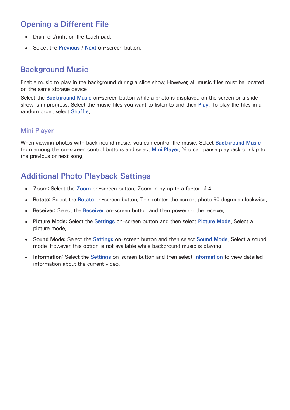 127 opening a different file, 127 background music, 127 additional photo playback settings | Opening a different file, Background music, Additional photo playback settings | Samsung UN60F6350AFXZA User Manual | Page 134 / 170