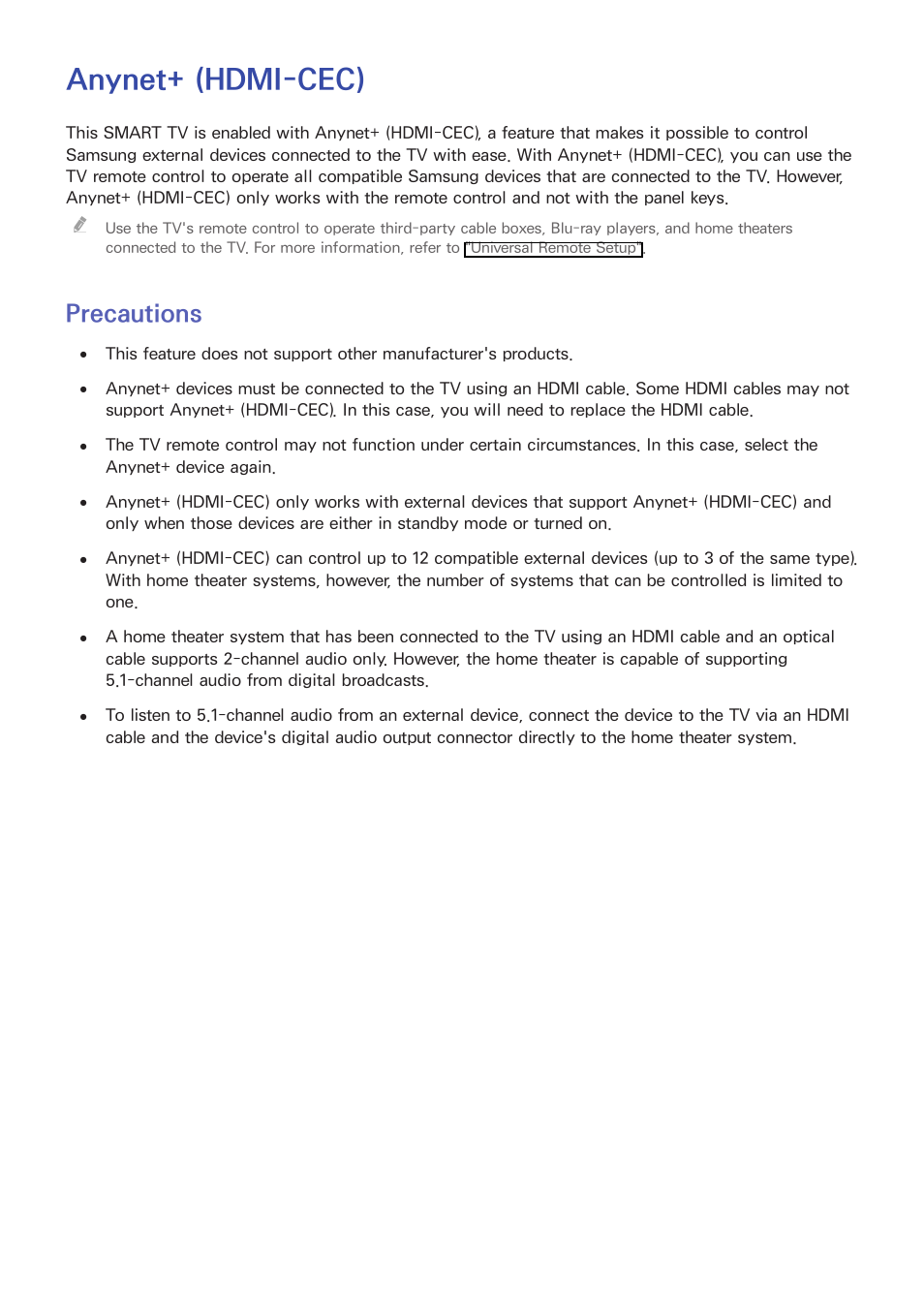 128 precautions, Anynet+ (hdmi-cec), Precautions | Samsung UN60F6350AFXZA User Manual | Page 135 / 170