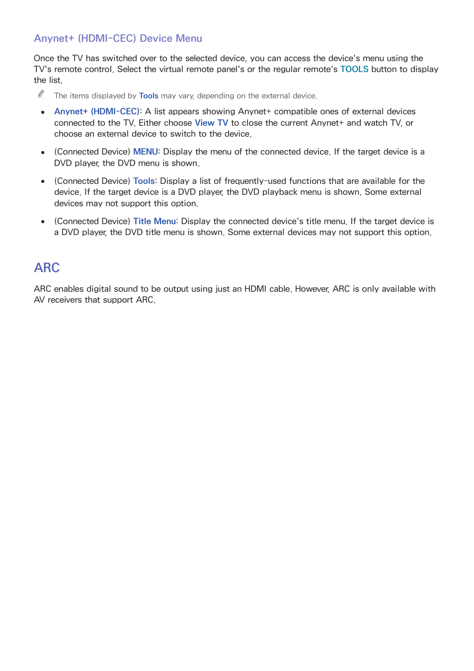 130 anynet+ (hdmi-cec) device menu, 130 arc | Samsung UN60F6350AFXZA User Manual | Page 137 / 170