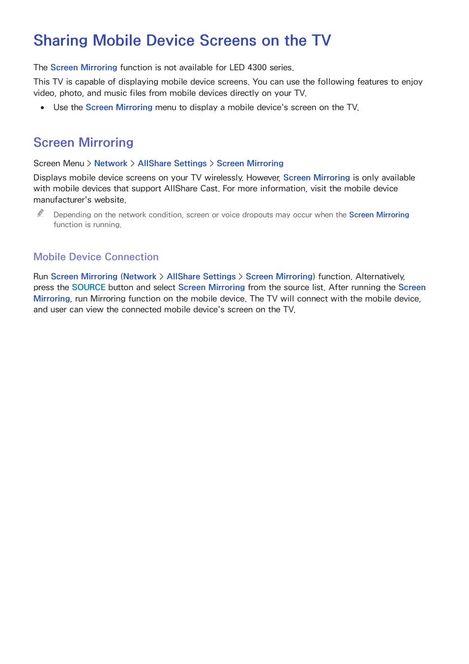 Sharing mobile device screens on the tv, 131 scr, 131 mobile device connection | Screen mirroring | Samsung UN60F6350AFXZA User Manual | Page 138 / 170
