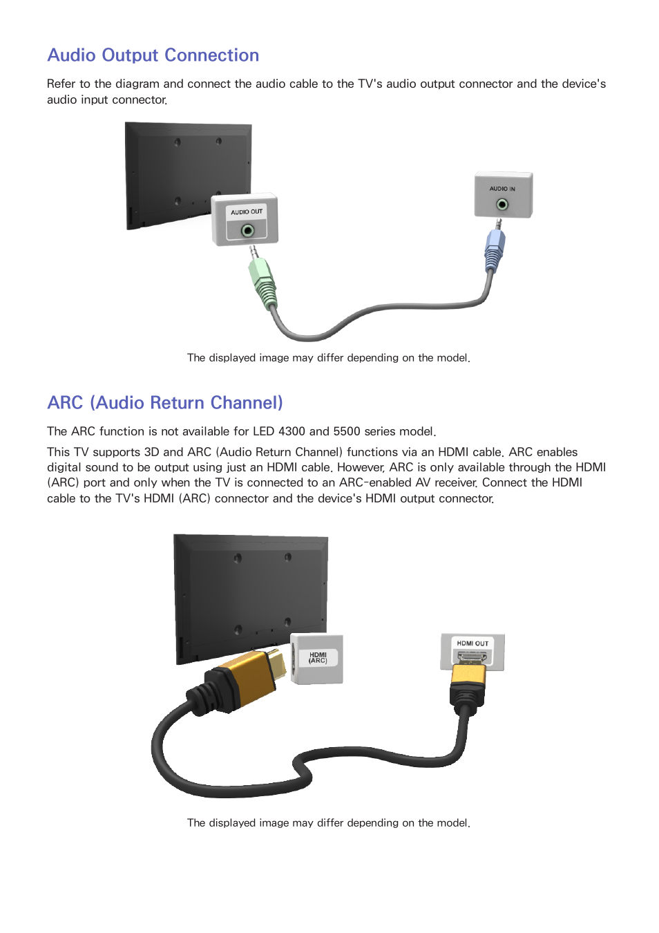 Audio output connection, Arc (audio return channel) | Samsung UN60F6350AFXZA User Manual | Page 14 / 170
