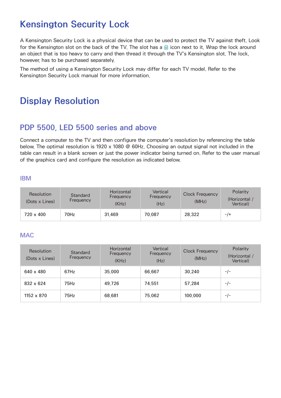 Kensington security lock, Display resolution, 138 pdp 5500, led 5500 series and above | 138 ibm, 138 mac | Samsung UN60F6350AFXZA User Manual | Page 145 / 170
