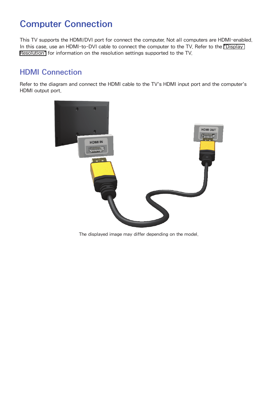 Computer connection, Hdmi connection | Samsung UN60F6350AFXZA User Manual | Page 15 / 170