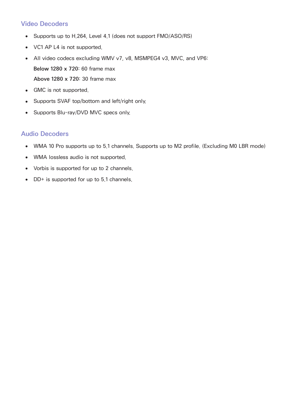 148 video decoders, 148 audio decoders, Video decoders | Audio decoders | Samsung UN60F6350AFXZA User Manual | Page 155 / 170