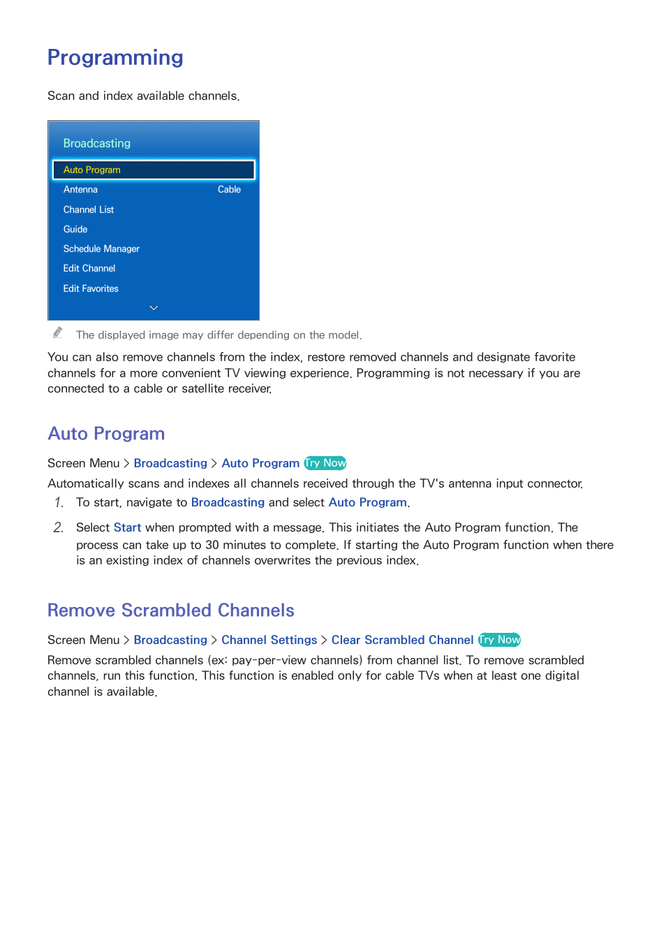 Programming, Auto pr, Remove scrambled channels | Auto program | Samsung UN60F6350AFXZA User Manual | Page 18 / 170