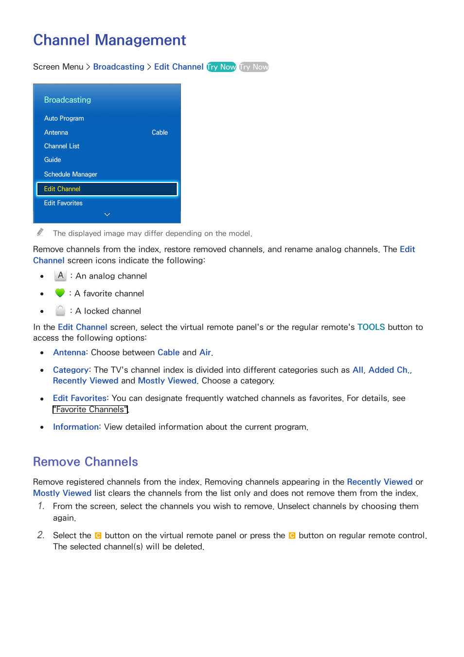 Channel management, Remove channels | Samsung UN60F6350AFXZA User Manual | Page 19 / 170