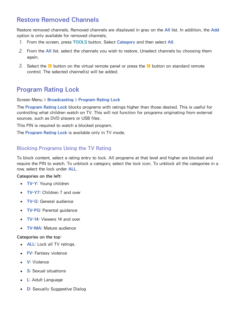 Restore removed channels, Blocking programs using the tv rating, Program rating lock | Samsung UN60F6350AFXZA User Manual | Page 20 / 170