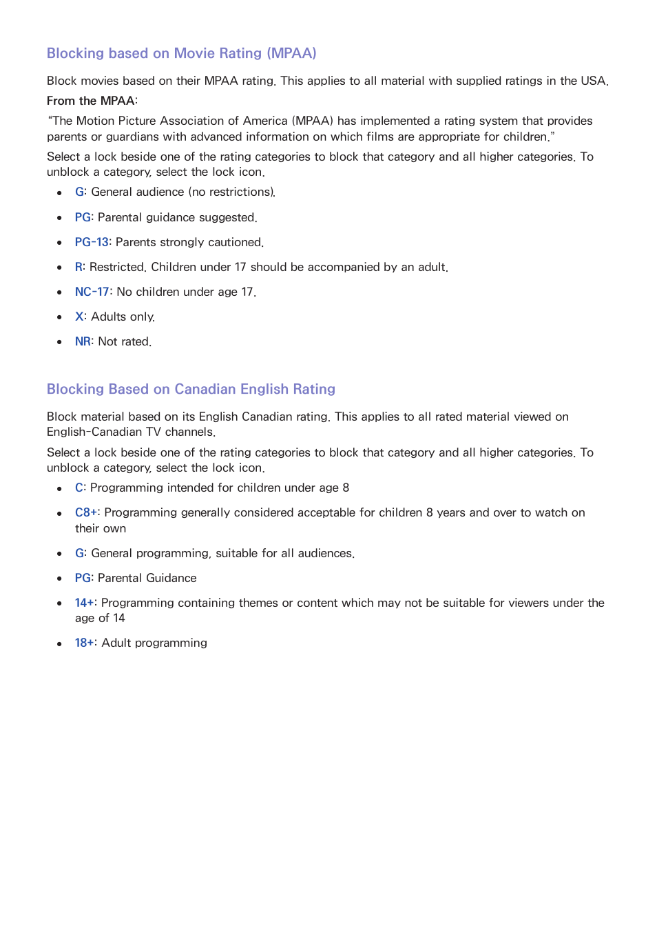 Blocking based on movie rating, Blocking based on canadian english rating, Blocking based on movie rating (mpaa) | Samsung UN60F6350AFXZA User Manual | Page 21 / 170