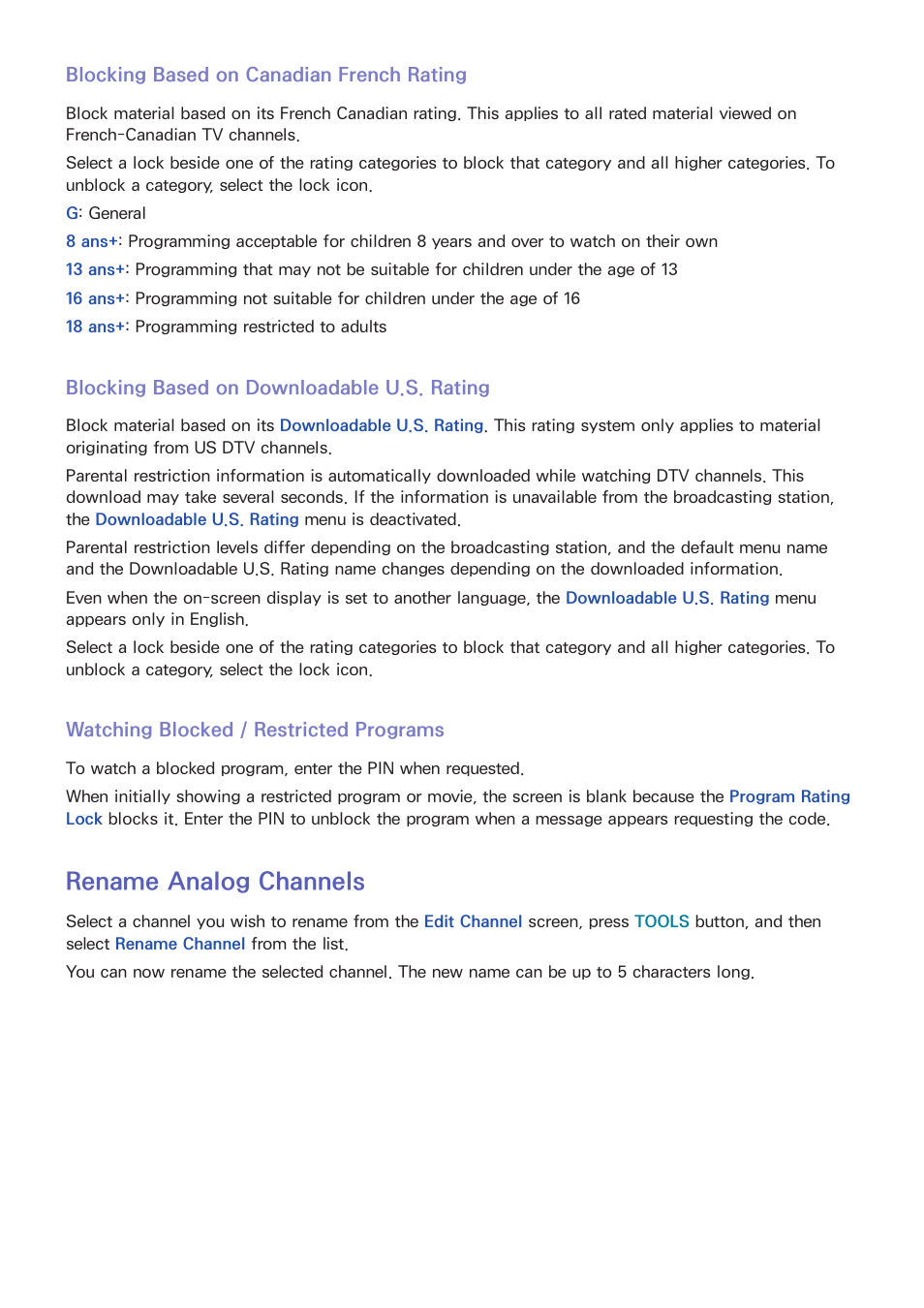 Blocking based on canadian french rating, Blocking based on, Watching blocked / restricted programs | Rename analog channels | Samsung UN60F6350AFXZA User Manual | Page 22 / 170