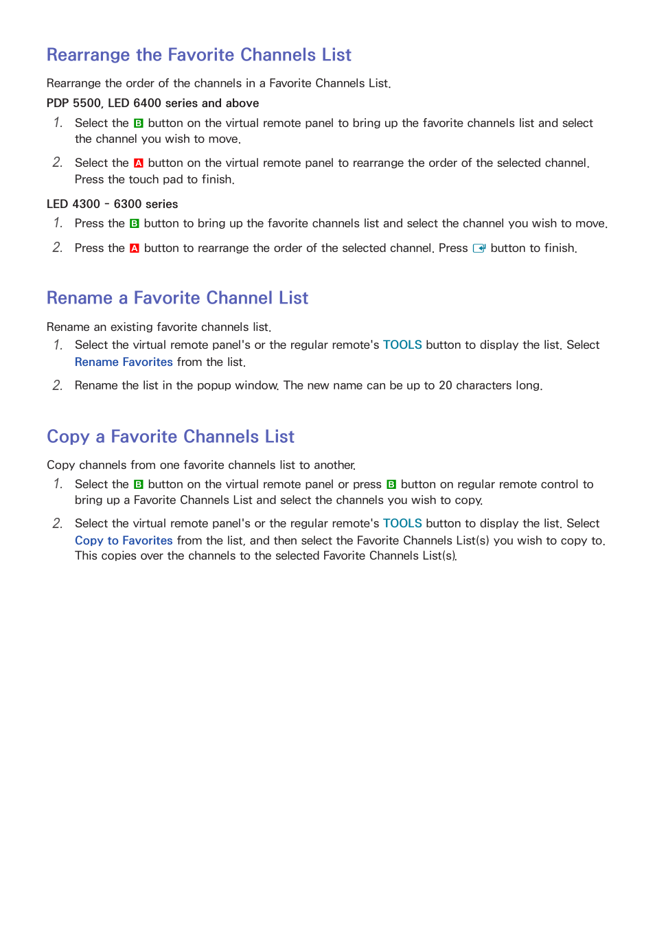 Rearrange the favorite channels list, Rename a favorite channel list, Copy a favorite channels list | Samsung UN60F6350AFXZA User Manual | Page 25 / 170