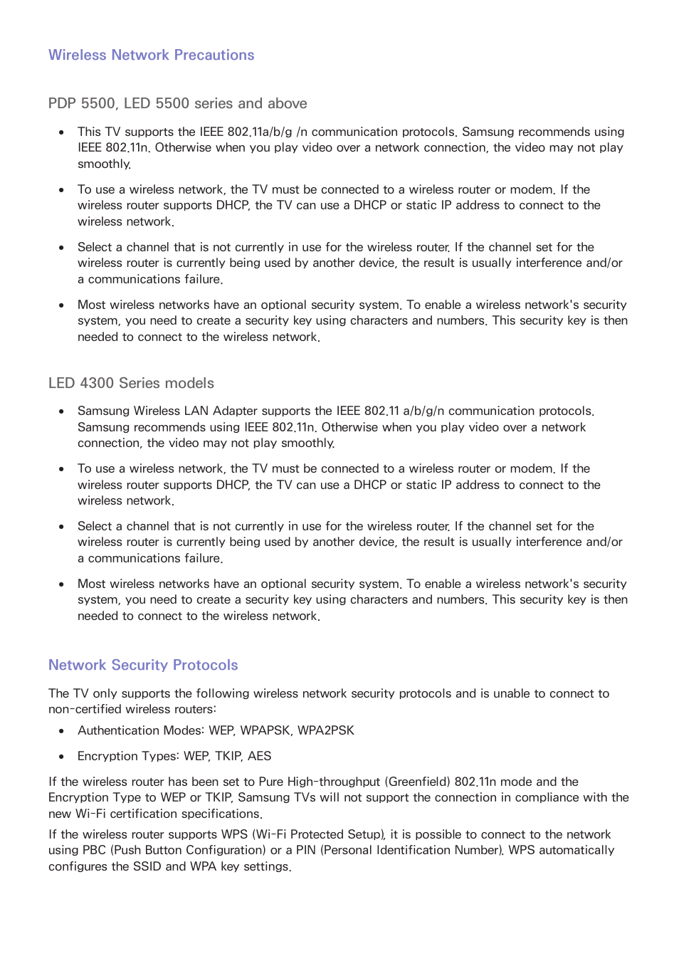 Wireless network precautions, Network security protocols, Led 4300 series models | Samsung UN60F6350AFXZA User Manual | Page 28 / 170