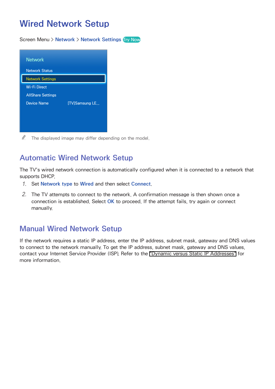 Wired network setup, 22 automatic wired network setup, 22 manual wired network setup | Automatic wired network setup, Manual wired network setup | Samsung UN60F6350AFXZA User Manual | Page 29 / 170