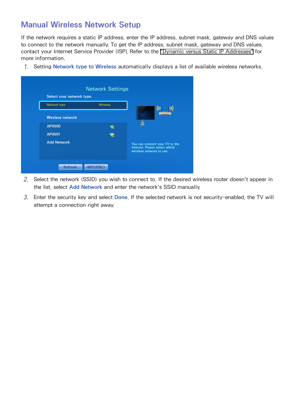 26 manual wireless network setup, Manual wireless network setup | Samsung UN60F6350AFXZA User Manual | Page 33 / 170