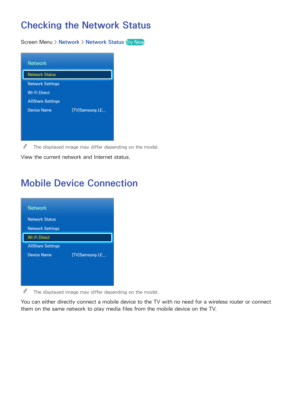 Checking the ne, Mobile device connection, Checking the network status | Samsung UN60F6350AFXZA User Manual | Page 37 / 170