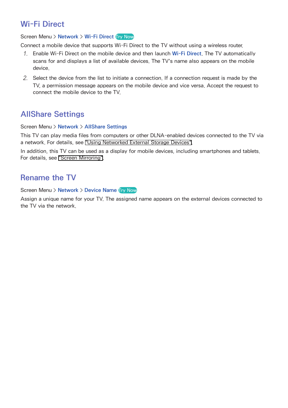 Allshare settings, Rename the tv, Wi-fi direct | Samsung UN60F6350AFXZA User Manual | Page 38 / 170