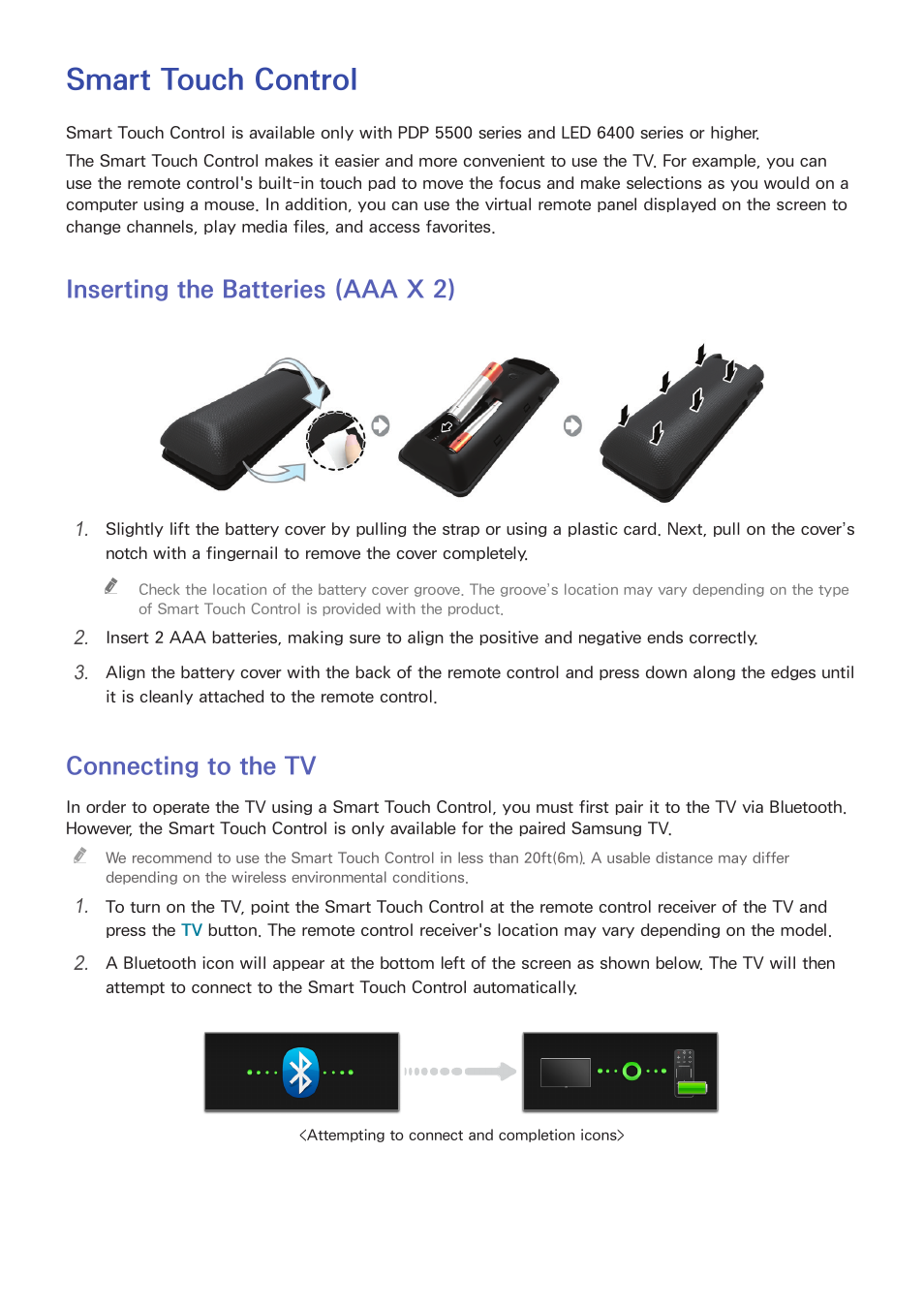 Controlling the tv, Smart touch control, 32 inserting the batteries (aaa x 2) | 32 connecting to the tv, Inserting the batteries (aaa x 2), Connecting to the tv | Samsung UN60F6350AFXZA User Manual | Page 39 / 170