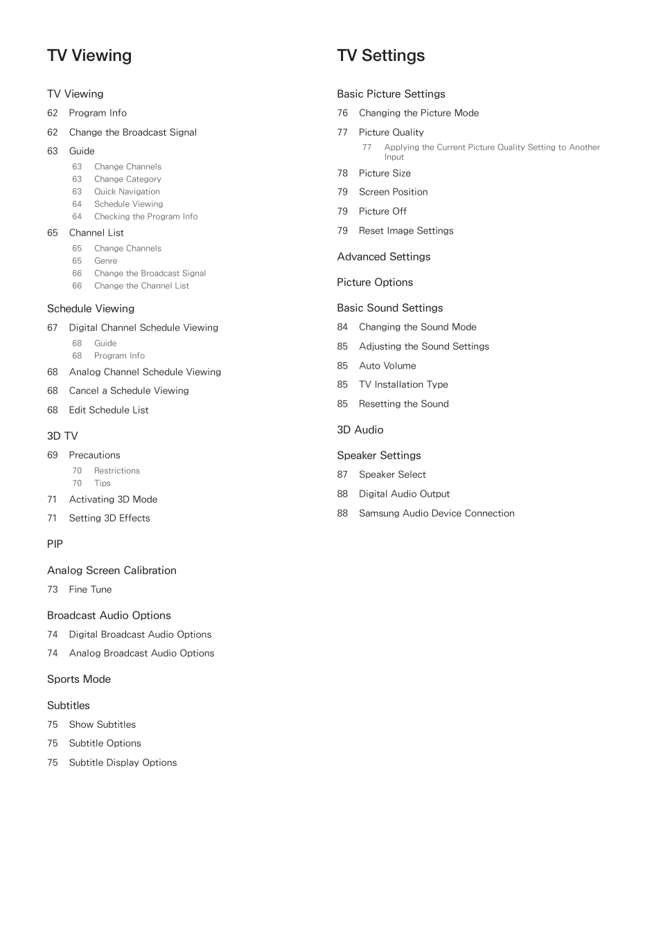 Tv viewing, Tv settings | Samsung UN60F6350AFXZA User Manual | Page 4 / 170