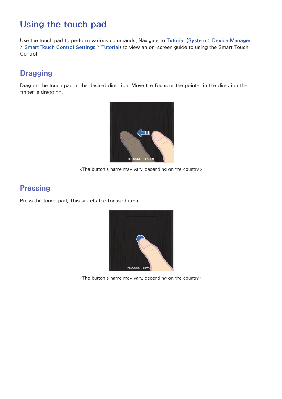 Using the touch pad, 37 dragging, 37 pressing | O "using the touch pad" fo, Dragging, Pressing | Samsung UN60F6350AFXZA User Manual | Page 44 / 170
