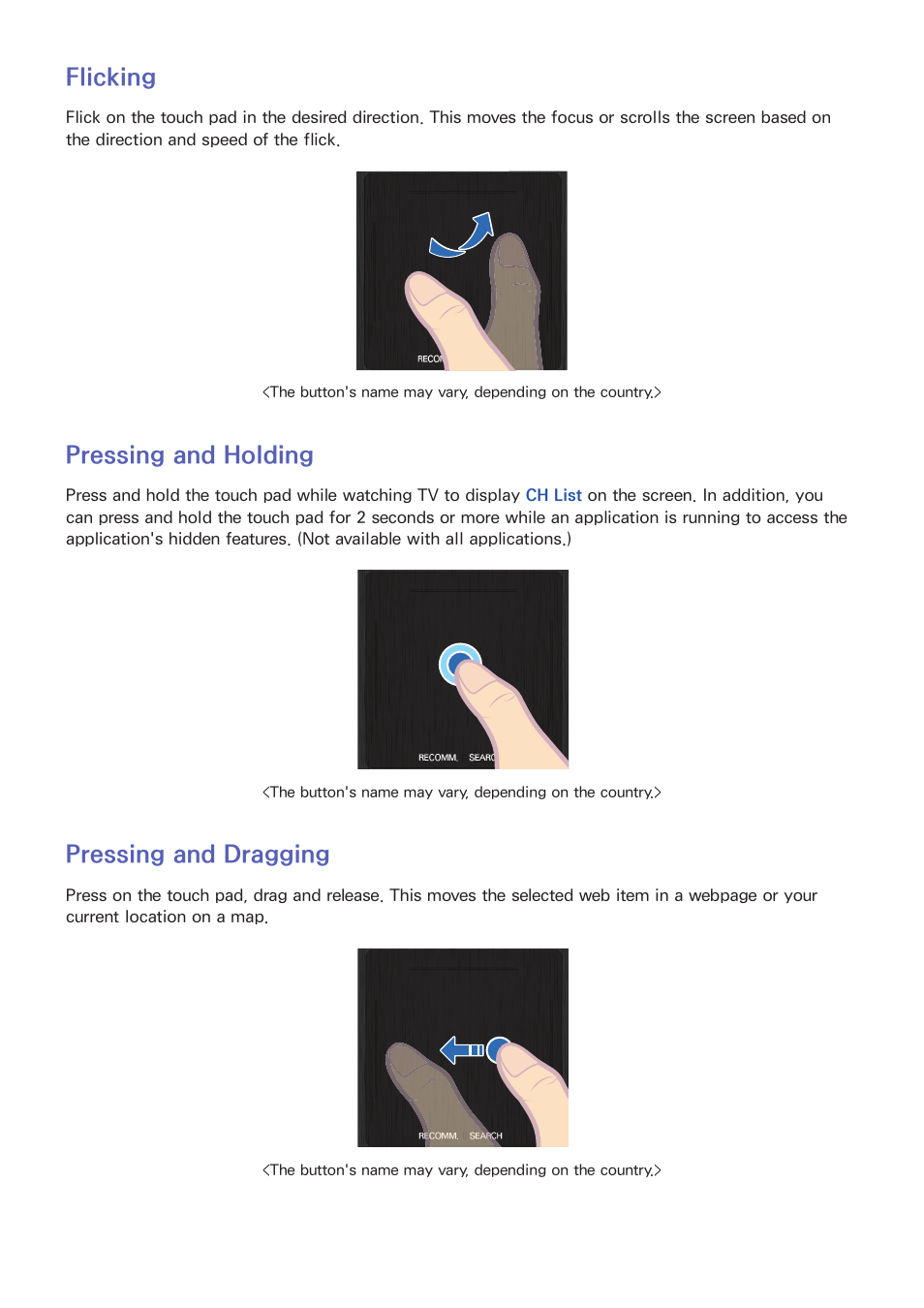 38 flicking, 38 pressing and holding, 38 pressing and dragging | Flicking, Pressing and holding, Pressing and dragging | Samsung UN60F6350AFXZA User Manual | Page 45 / 170