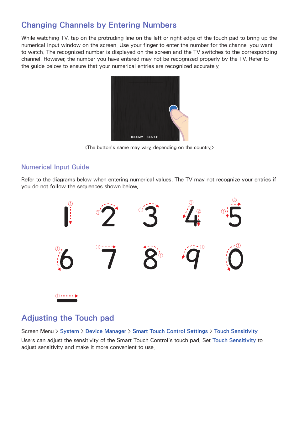 40 changing channels by entering numbers, Numerical input guide, 40 adjusting the touch pad | Changing channels by entering numbers, Adjusting the touch pad | Samsung UN60F6350AFXZA User Manual | Page 47 / 170