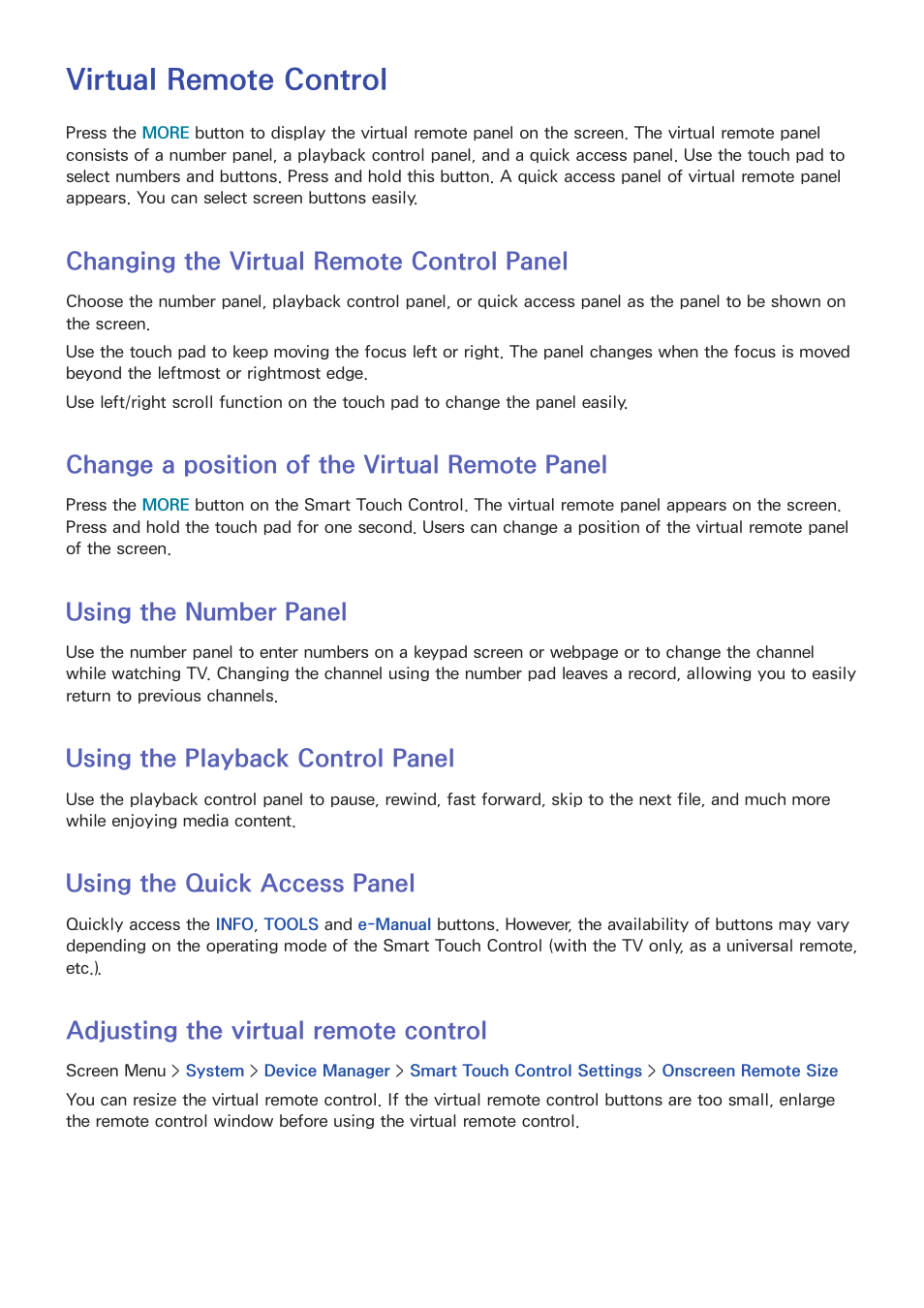 Virtual remote control, 42 changing the virtual remote control panel, 42 change a position of the virtual remote panel | 42 using the number panel, 42 using the playback control panel, 42 using the quick access panel, 42 adjusting the virtual remote control, O "virtual remote control" fo, Changing the virtual remote control panel, Change a position of the virtual remote panel | Samsung UN60F6350AFXZA User Manual | Page 49 / 170