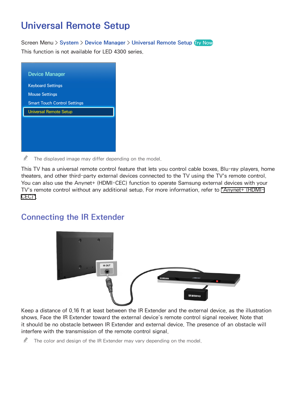 Universal remote setup, 43 connecting the ir extender, O "universal remote setup" fo | Connecting the ir extender | Samsung UN60F6350AFXZA User Manual | Page 50 / 170
