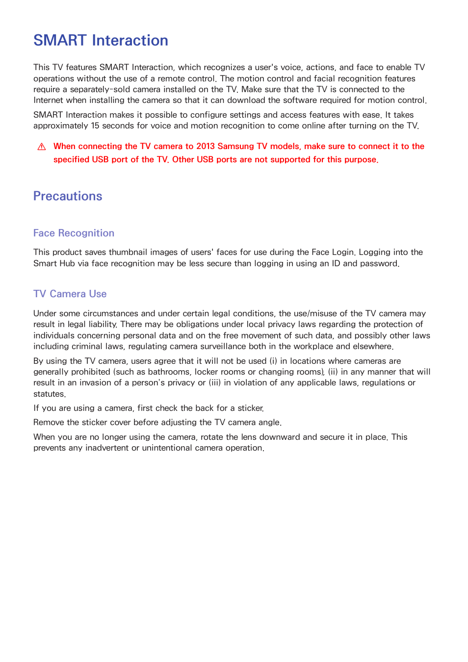 Smart interaction, 46 precautions, Face recognition | Tv camera use, Precautions | Samsung UN60F6350AFXZA User Manual | Page 53 / 170